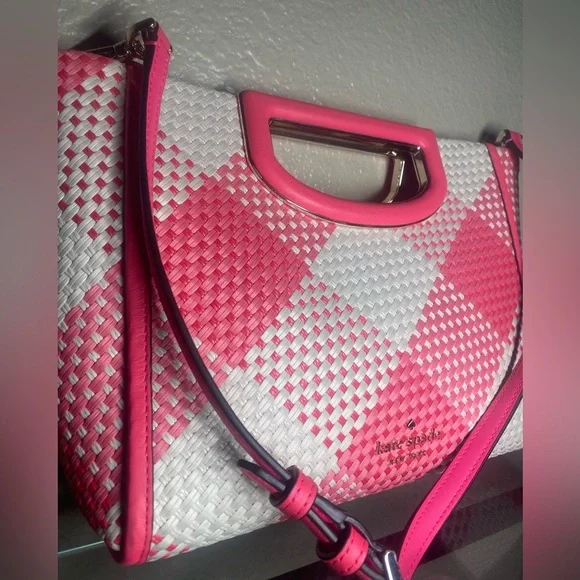 Kate Spade Pink and White Checkered Woven Clutch - Picture 2 of 12